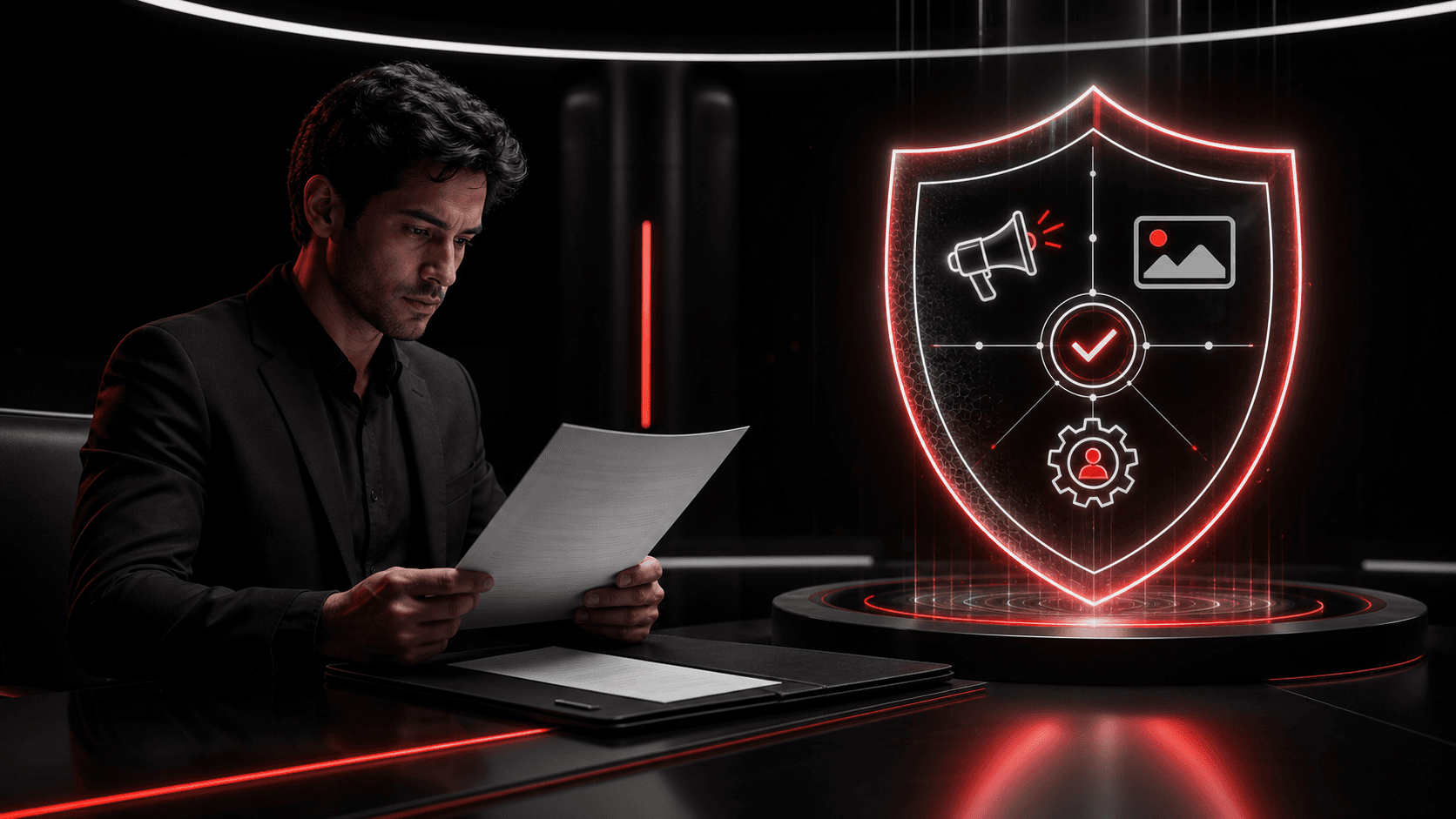 Contrato e materiais de campanha sobre uma mesa durante revisão preventiva de marketing
